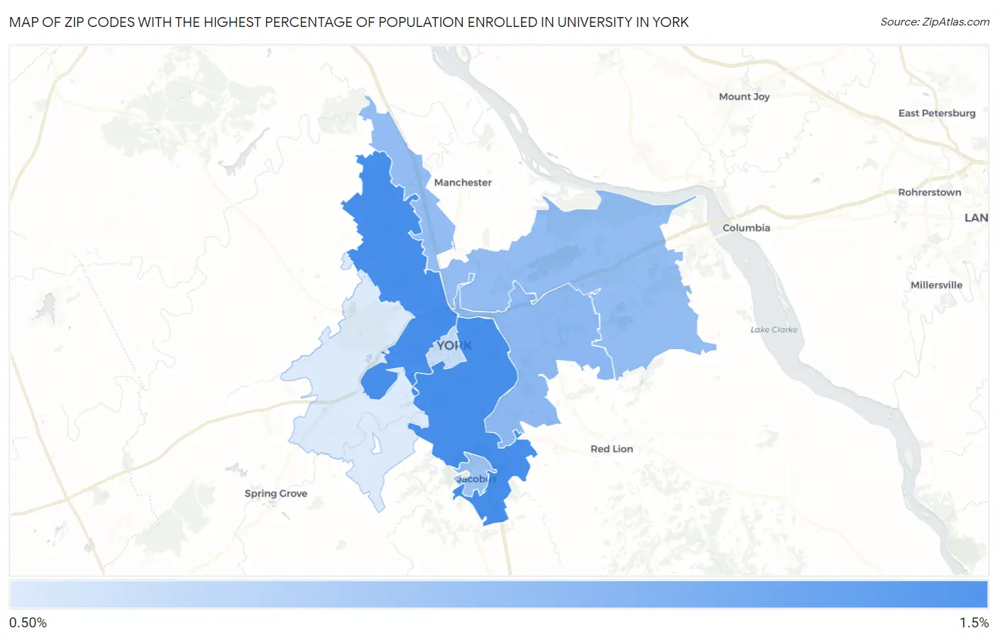 Zip Codes with the Highest Percentage of Population Enrolled in University in York Map