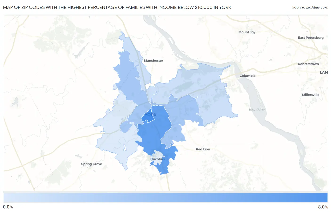 Zip Codes with the Highest Percentage of Families with Income Below $10,000 in York Map