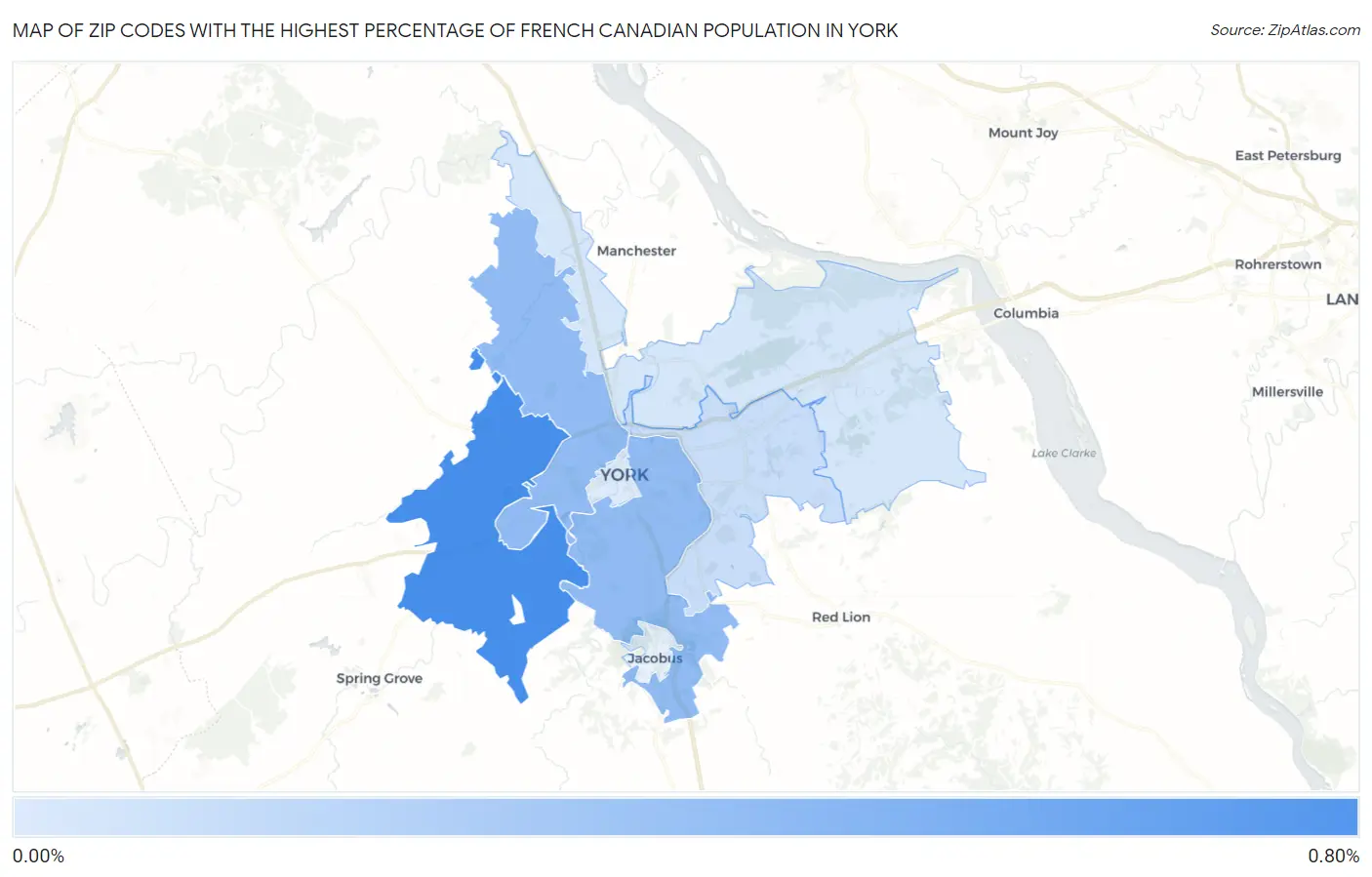 Zip Codes with the Highest Percentage of French Canadian Population in York Map