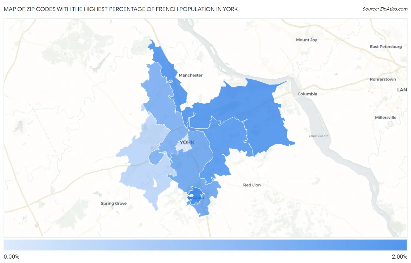 Zip Codes with the Highest Percentage of French Population in York Map