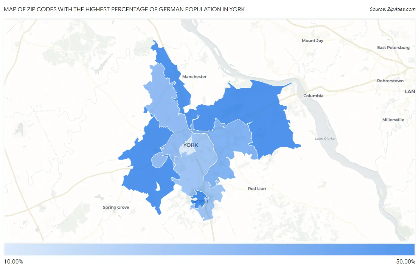 Zip Codes with the Highest Percentage of German Population in York Map