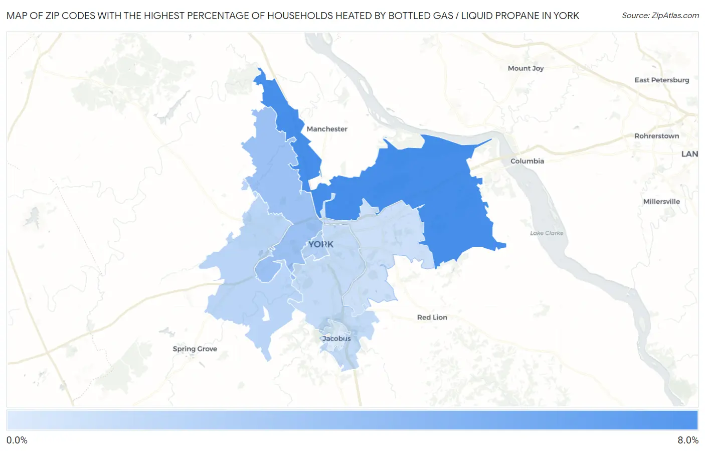 Zip Codes with the Highest Percentage of Households Heated by Bottled Gas / Liquid Propane in York Map