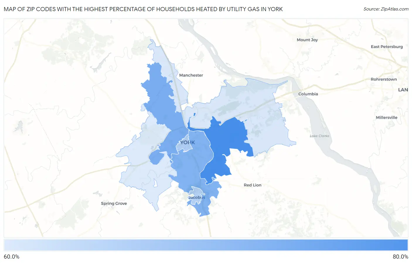 Zip Codes with the Highest Percentage of Households Heated by Utility Gas in York Map