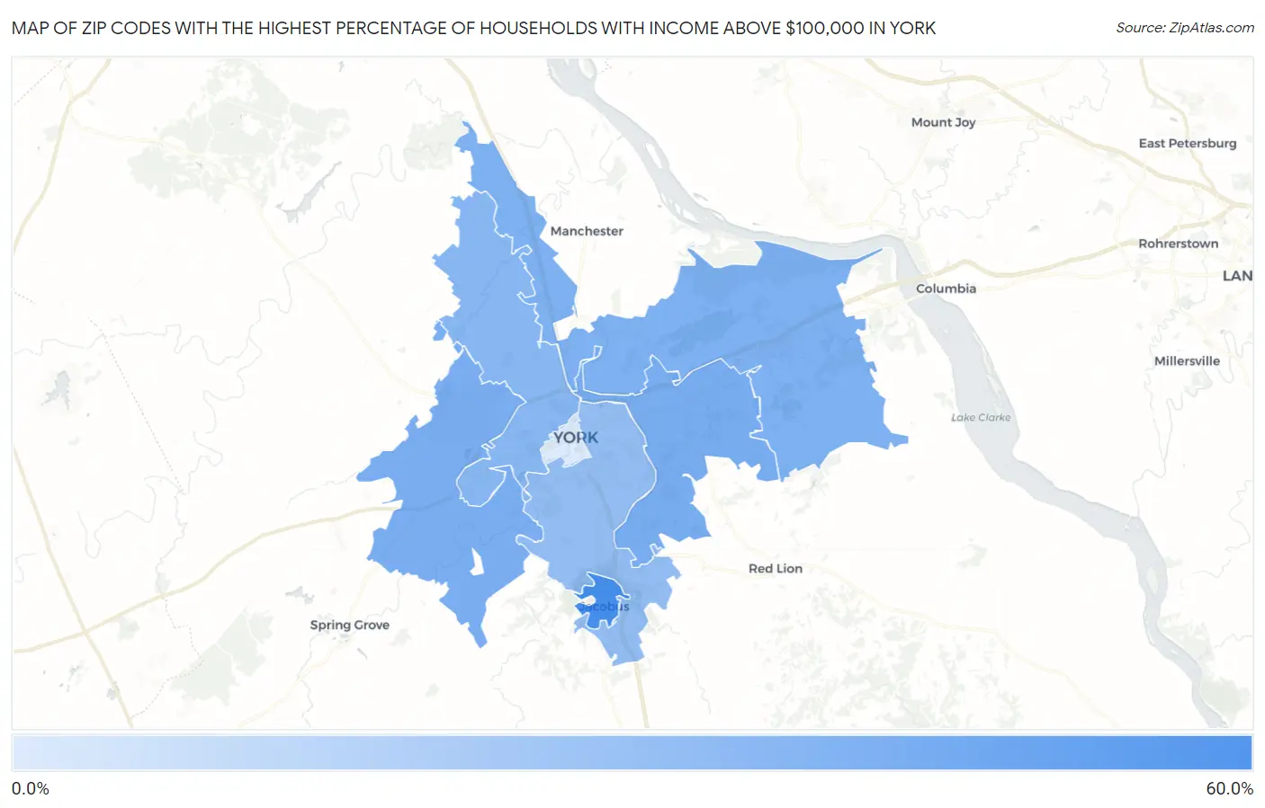 Zip Codes with the Highest Percentage of Households with Income Above $100,000 in York Map
