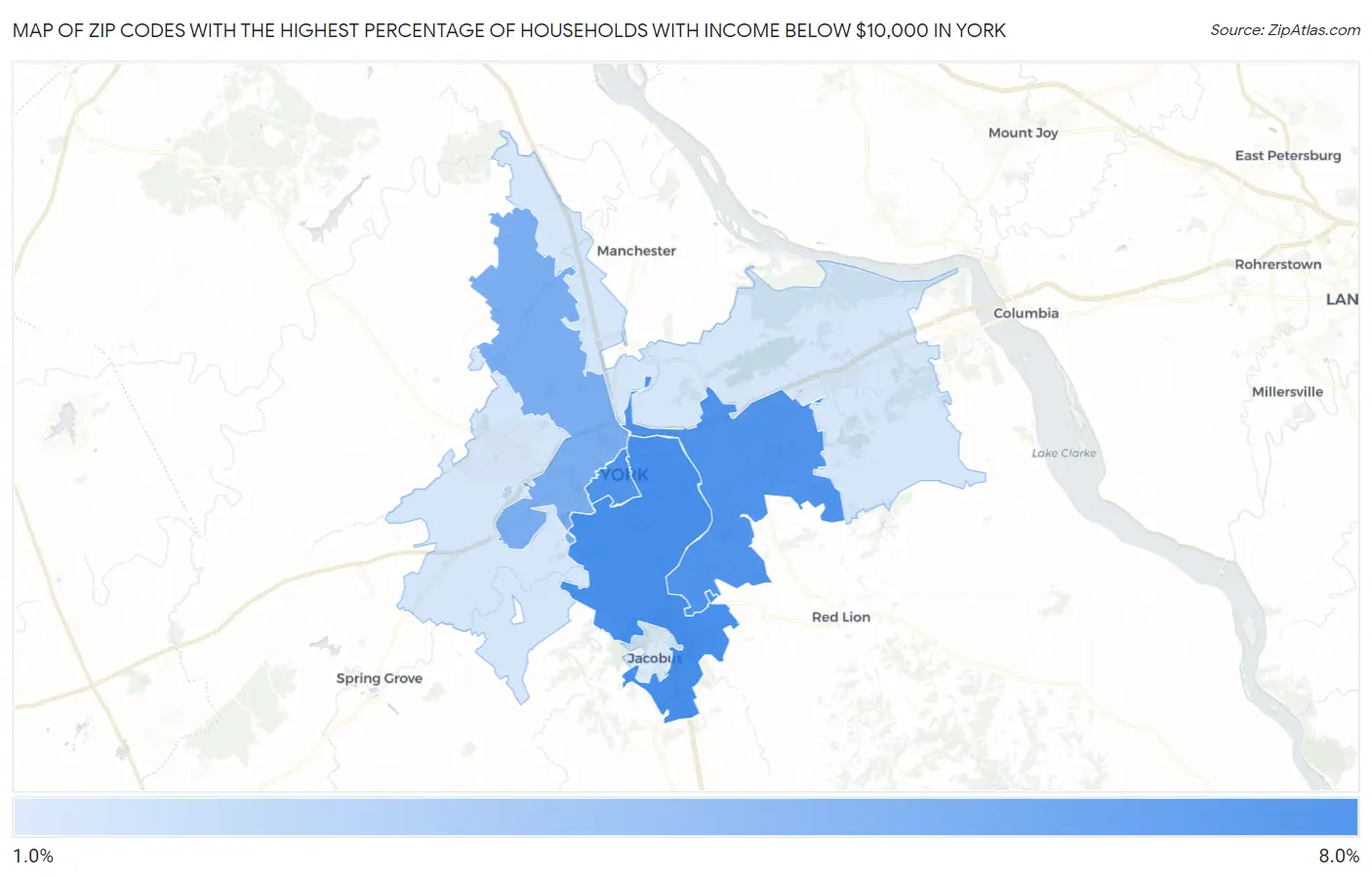Zip Codes with the Highest Percentage of Households with Income Below $10,000 in York Map