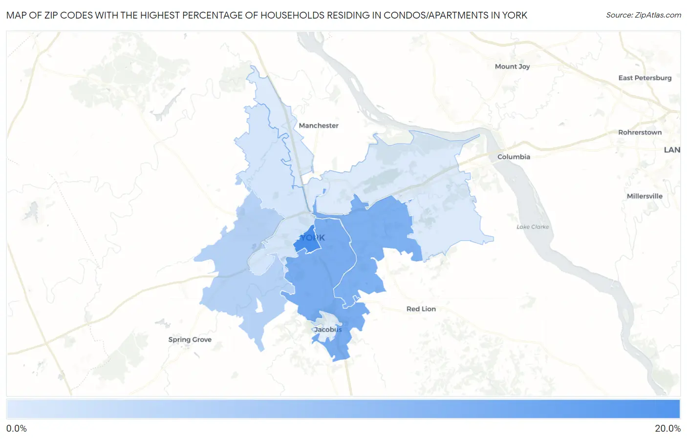 Zip Codes with the Highest Percentage of Households Residing in Condos/Apartments in York Map