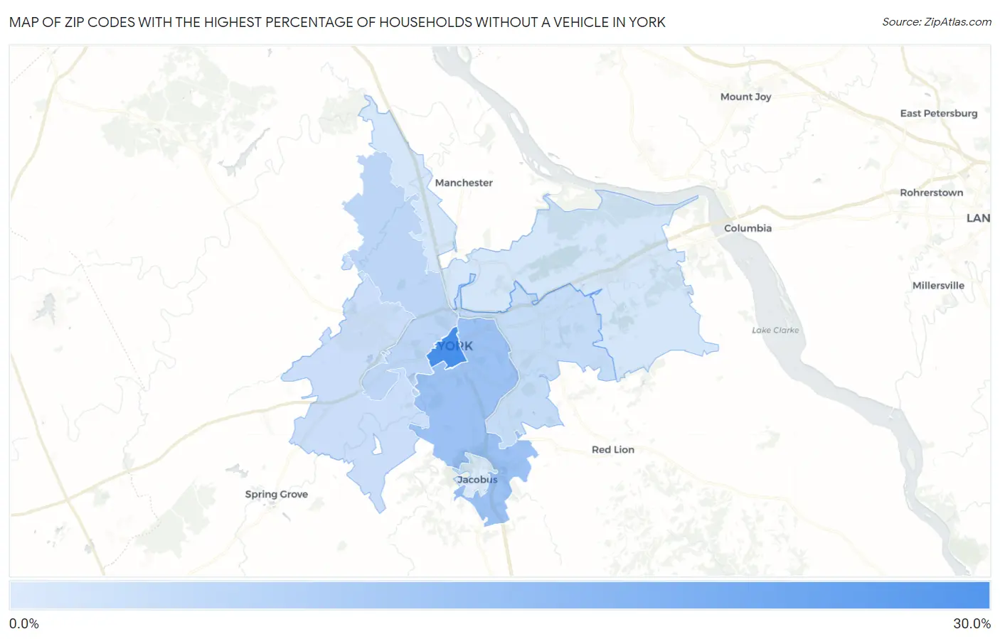 Zip Codes with the Highest Percentage of Households Without a Vehicle in York Map