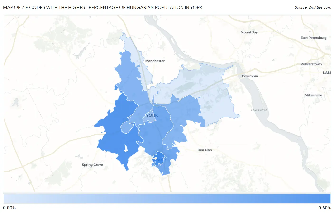 Zip Codes with the Highest Percentage of Hungarian Population in York Map