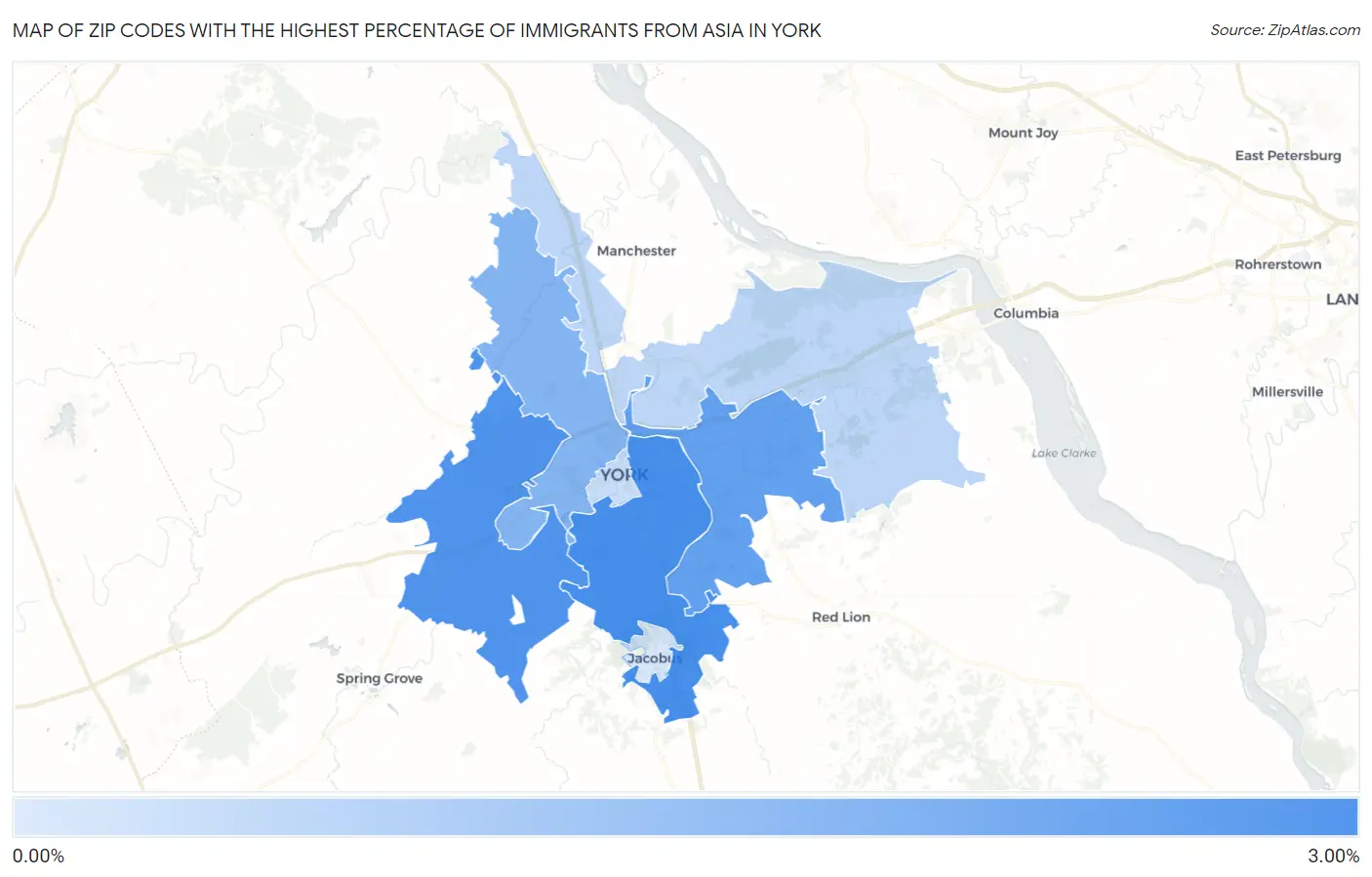 Zip Codes with the Highest Percentage of Immigrants from Asia in York Map