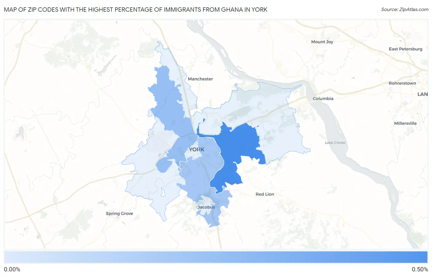 Zip Codes with the Highest Percentage of Immigrants from Ghana in York Map
