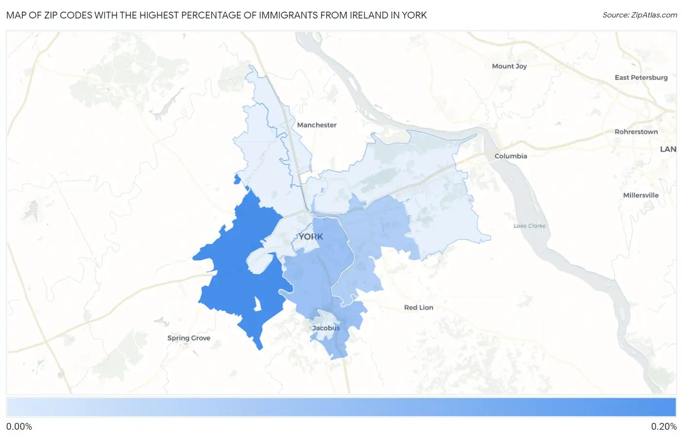Zip Codes with the Highest Percentage of Immigrants from Ireland in York Map