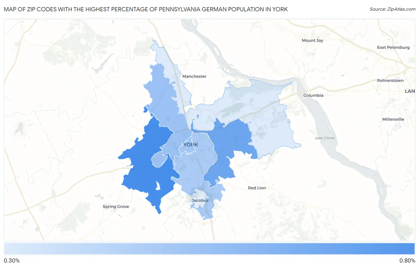 Zip Codes with the Highest Percentage of Pennsylvania German Population in York Map