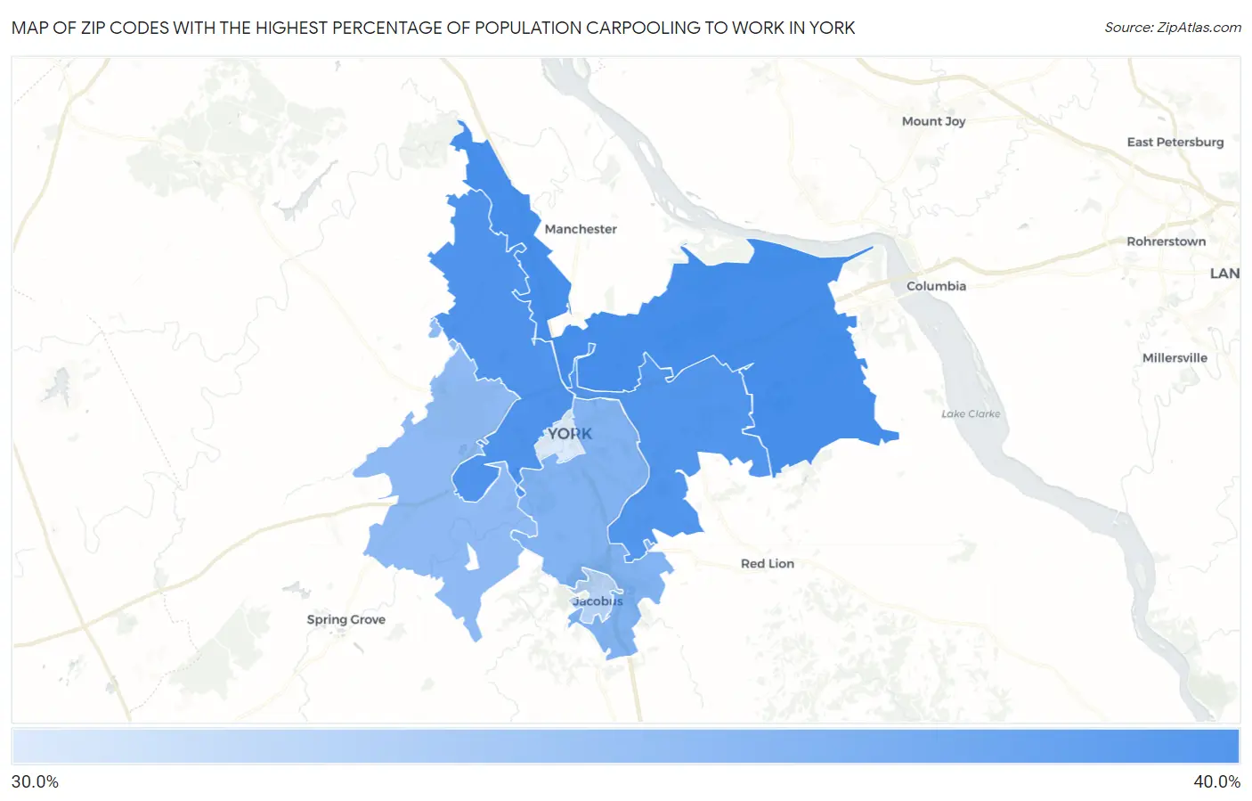 Zip Codes with the Highest Percentage of Population Carpooling to Work in York Map