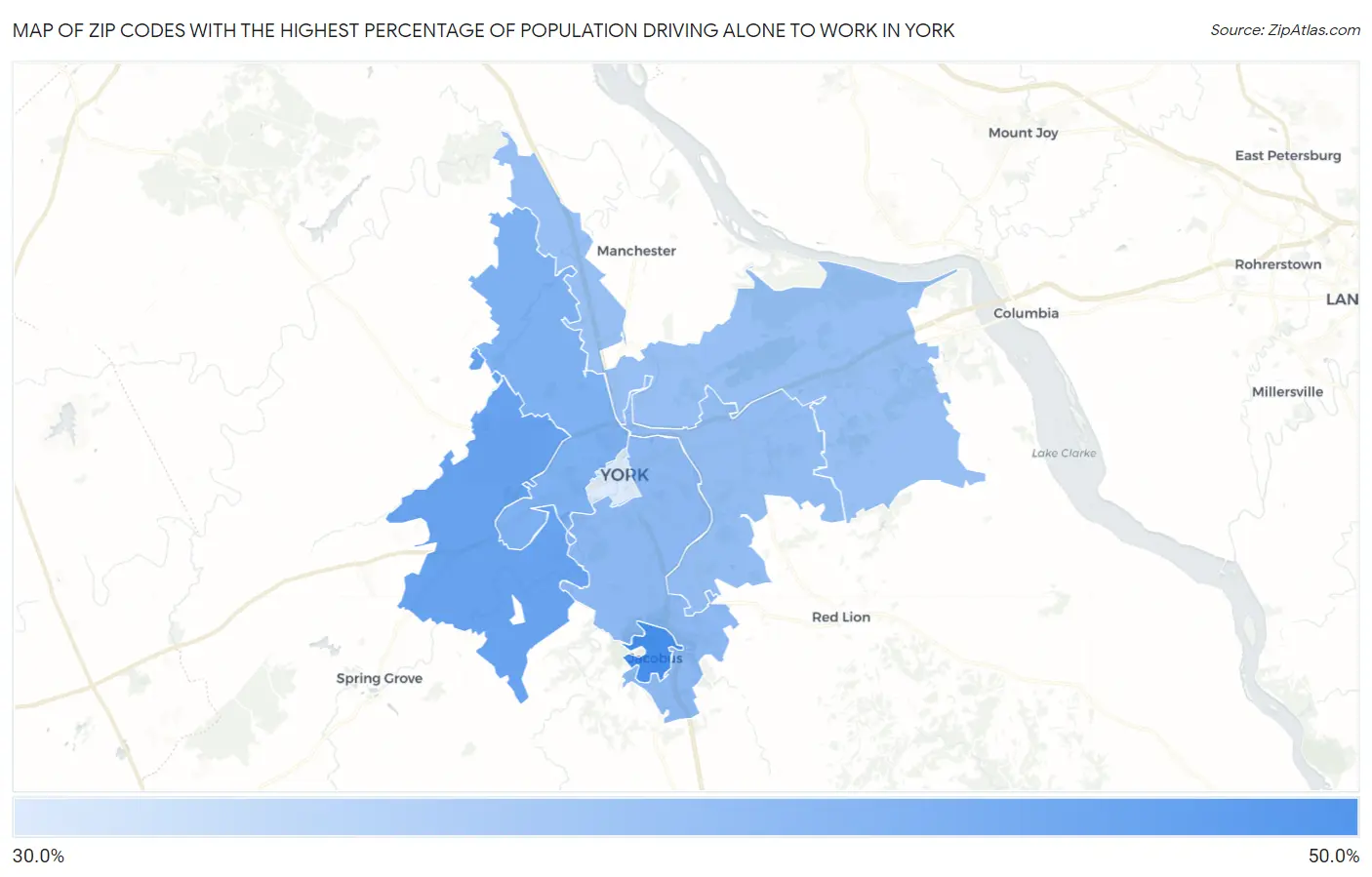 Zip Codes with the Highest Percentage of Population Driving Alone to Work in York Map