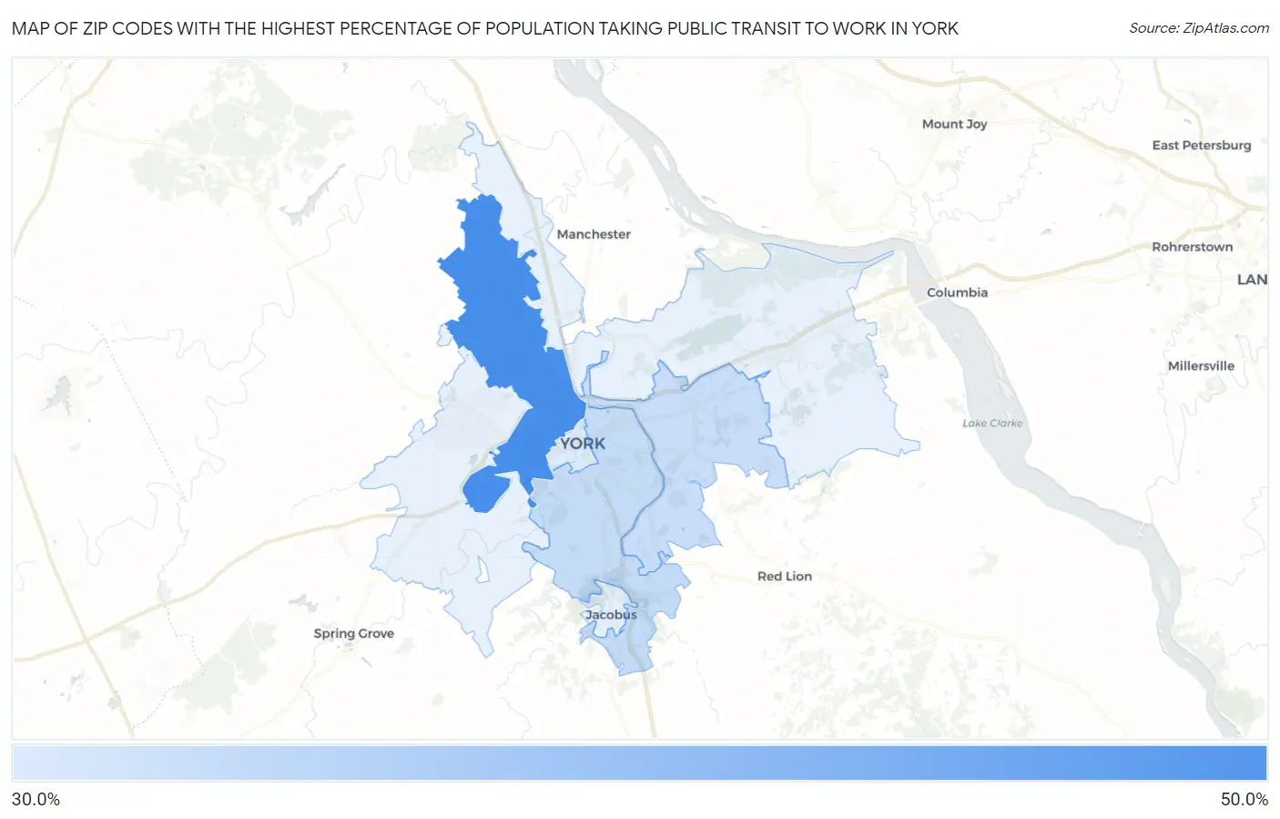 Zip Codes with the Highest Percentage of Population Taking Public Transit to Work in York Map