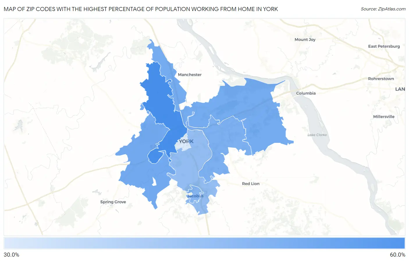 Zip Codes with the Highest Percentage of Population Working from Home in York Map