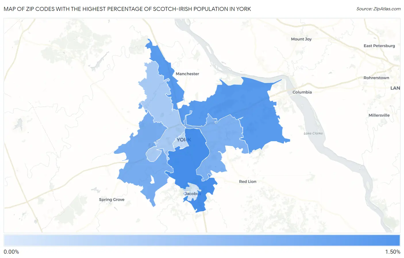 Zip Codes with the Highest Percentage of Scotch-Irish Population in York Map
