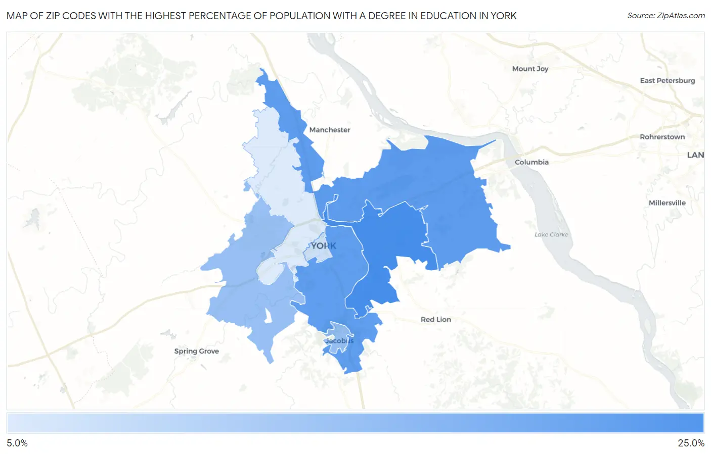 Zip Codes with the Highest Percentage of Population with a Degree in Education in York Map