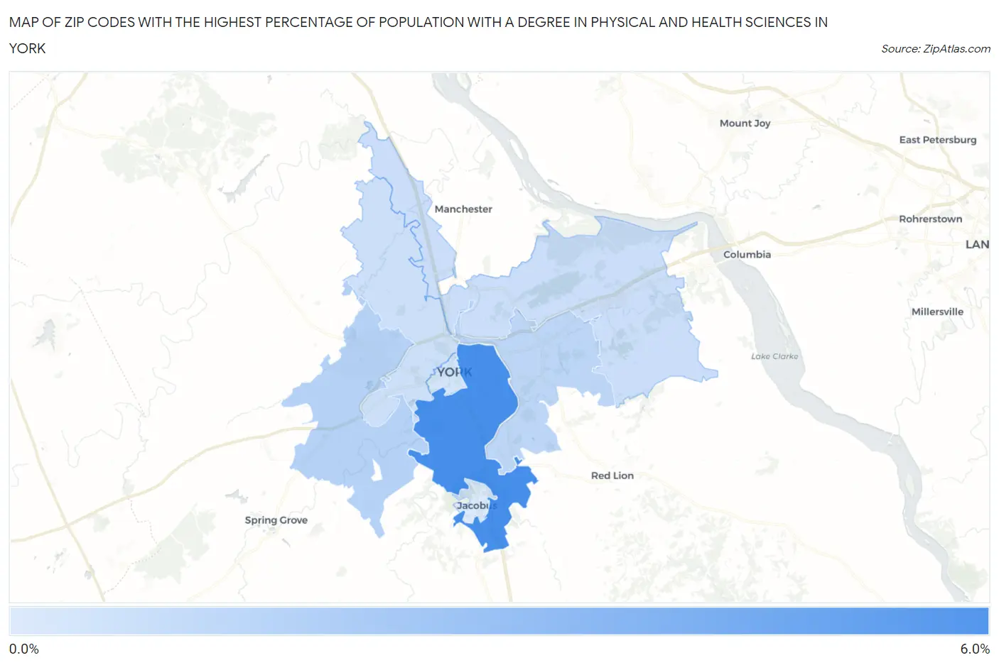 Zip Codes with the Highest Percentage of Population with a Degree in Physical and Health Sciences in York Map