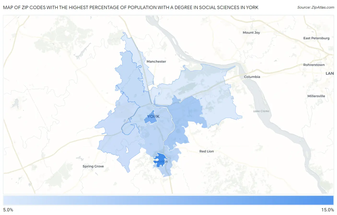 Zip Codes with the Highest Percentage of Population with a Degree in Social Sciences in York Map