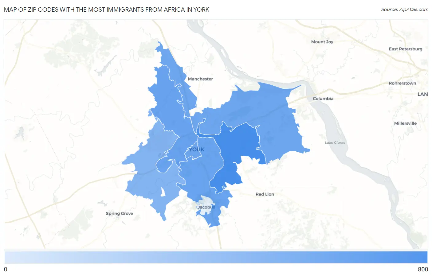 Zip Codes with the Most Immigrants from Africa in York Map