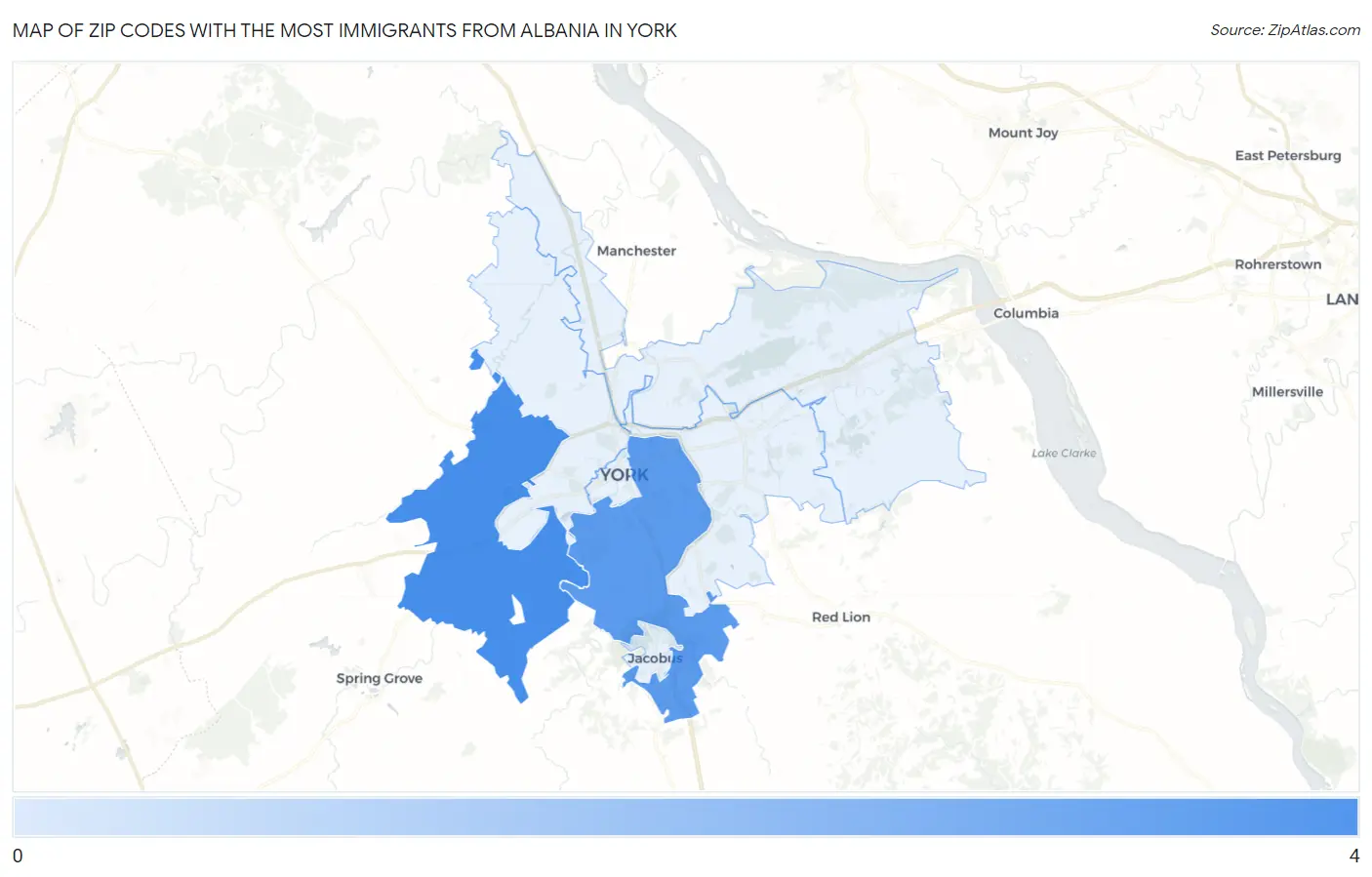 Zip Codes with the Most Immigrants from Albania in York Map