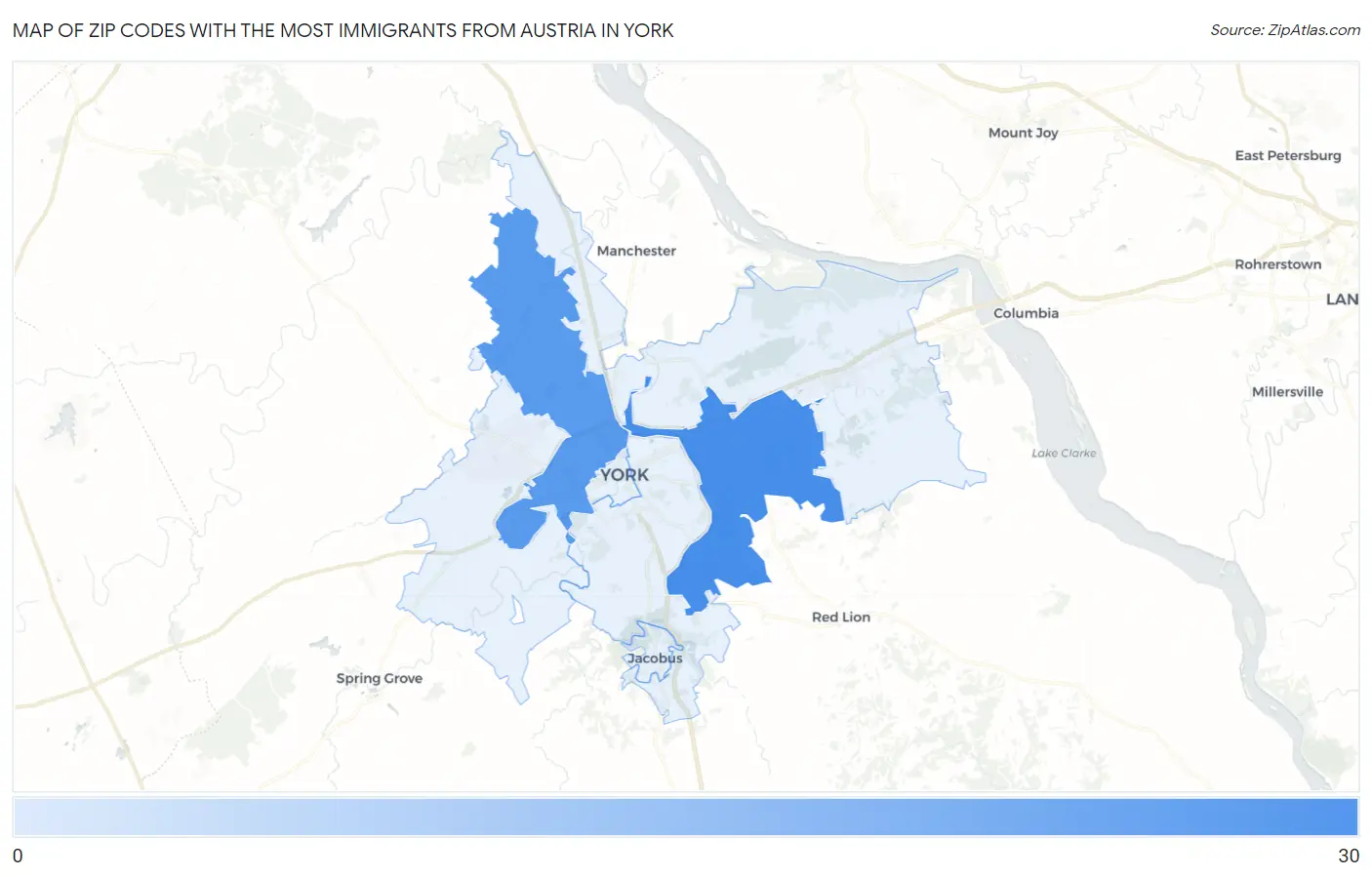 Zip Codes with the Most Immigrants from Austria in York Map