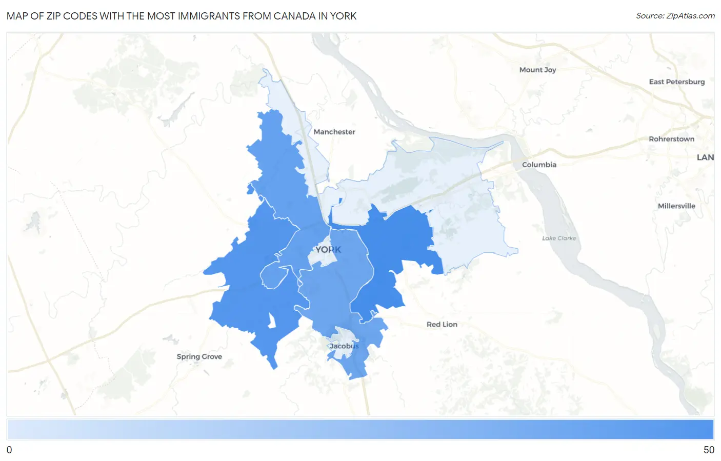 Zip Codes with the Most Immigrants from Canada in York Map