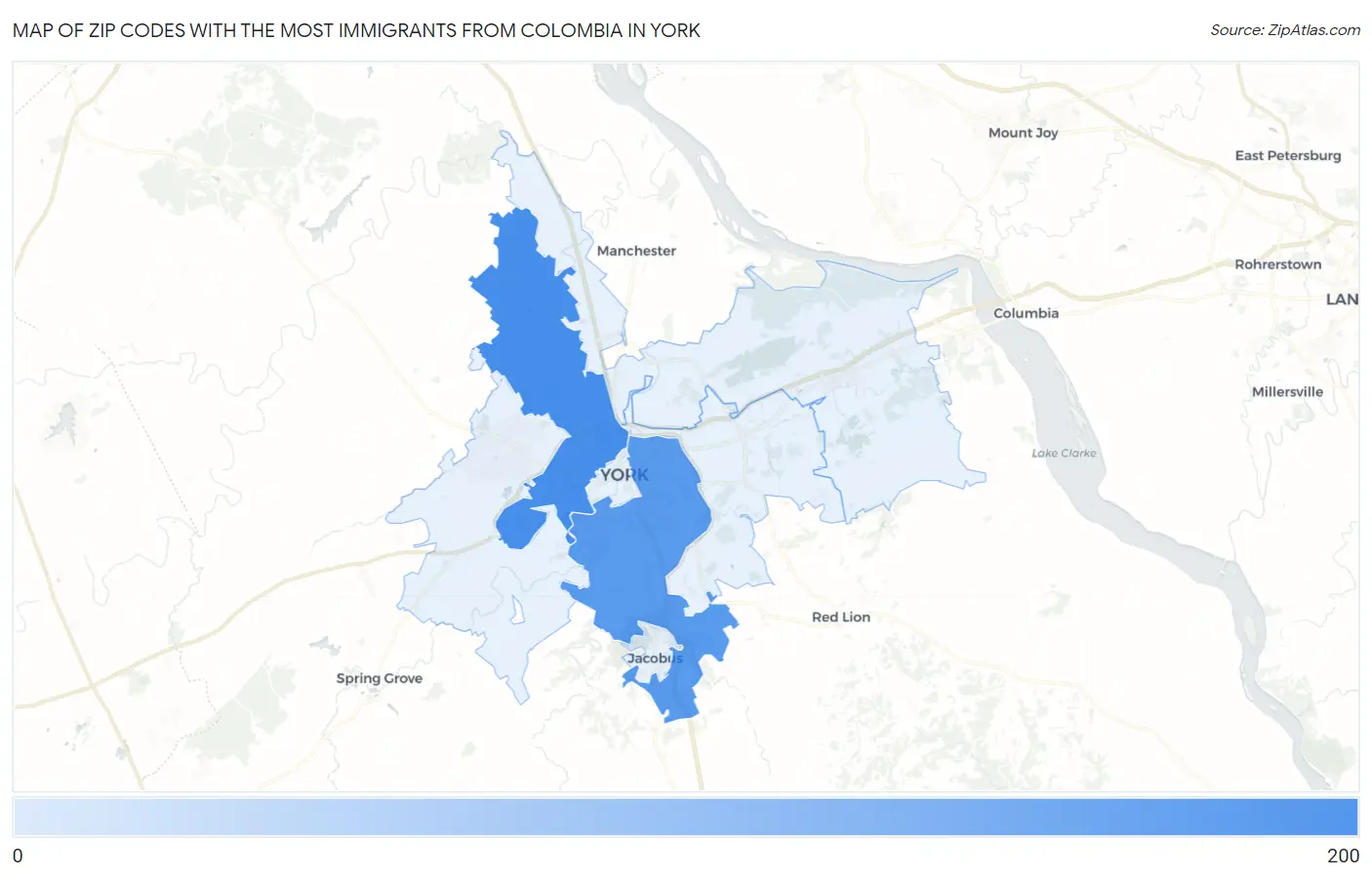 Zip Codes with the Most Immigrants from Colombia in York Map