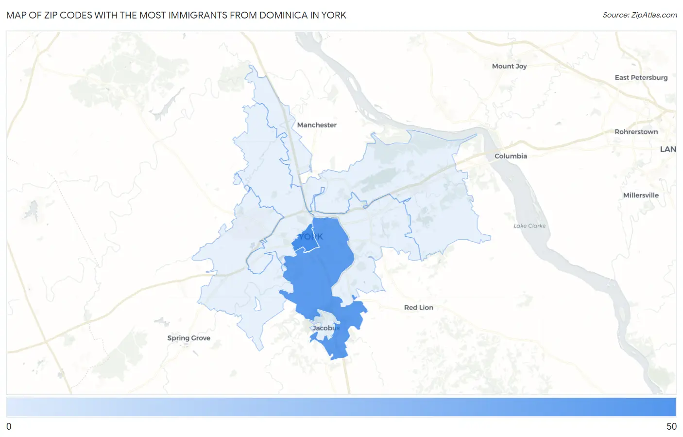 Zip Codes with the Most Immigrants from Dominica in York Map