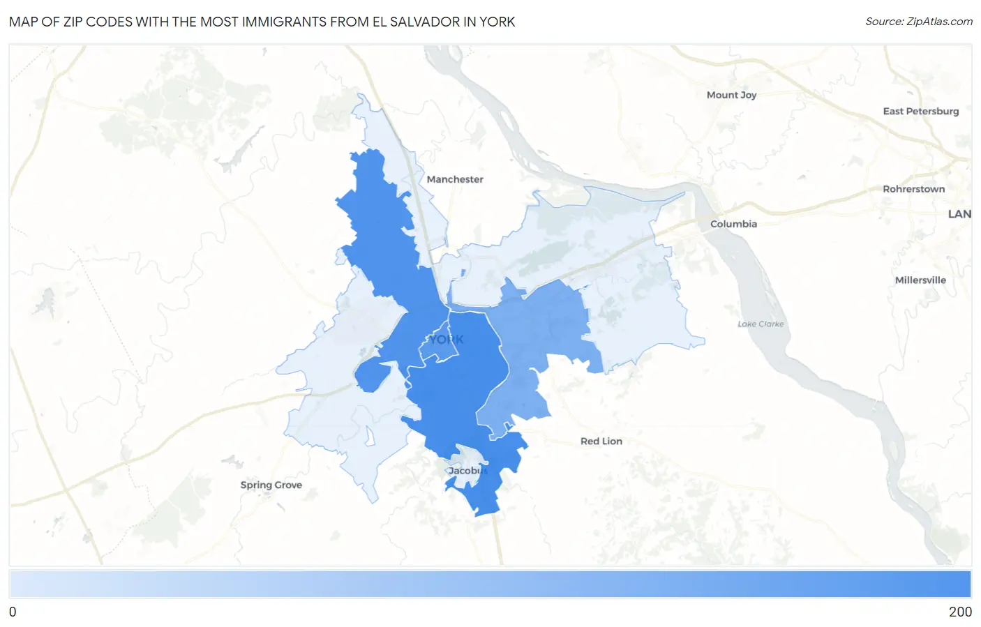 Zip Codes with the Most Immigrants from El Salvador in York Map