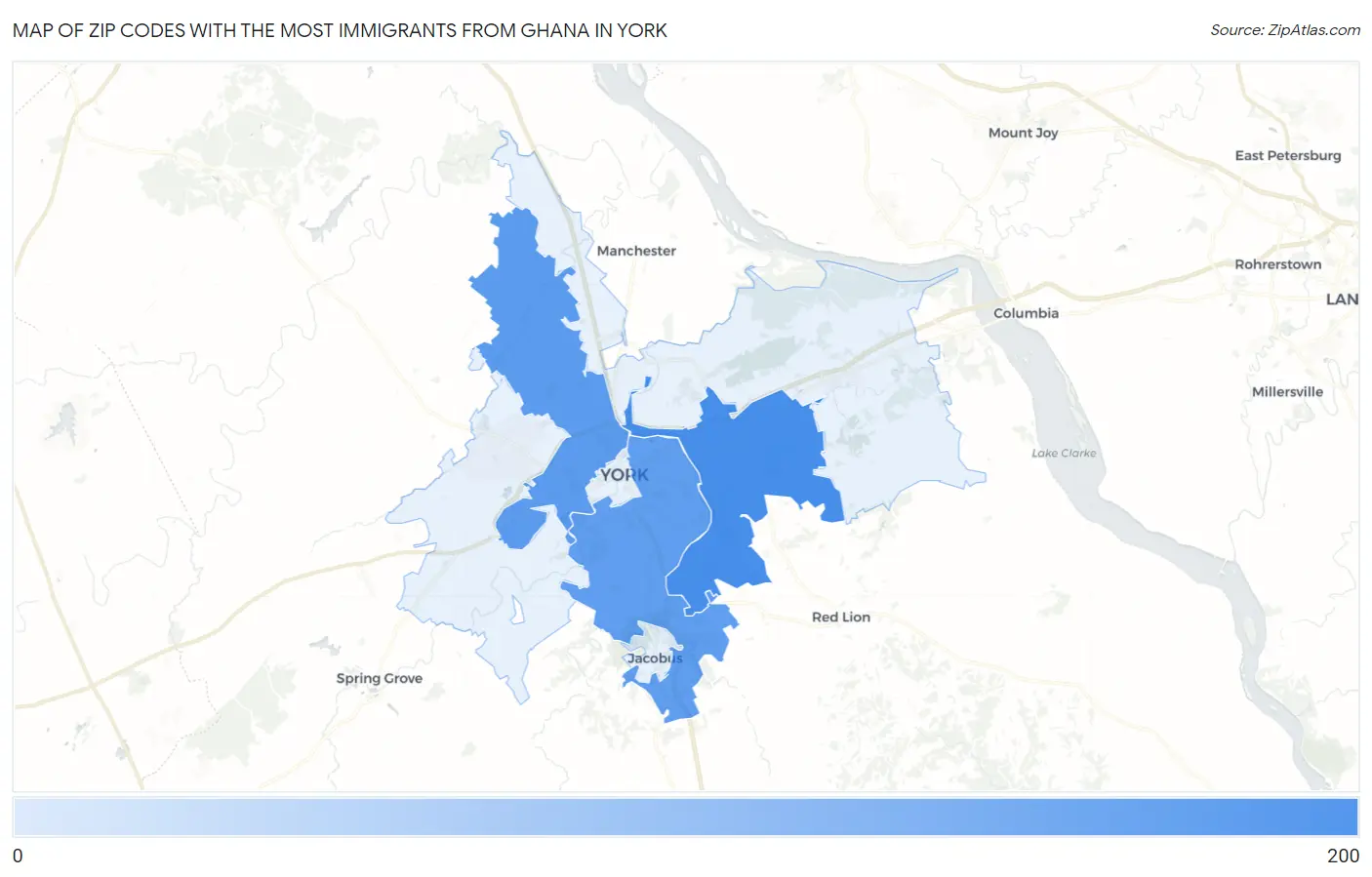 Zip Codes with the Most Immigrants from Ghana in York Map