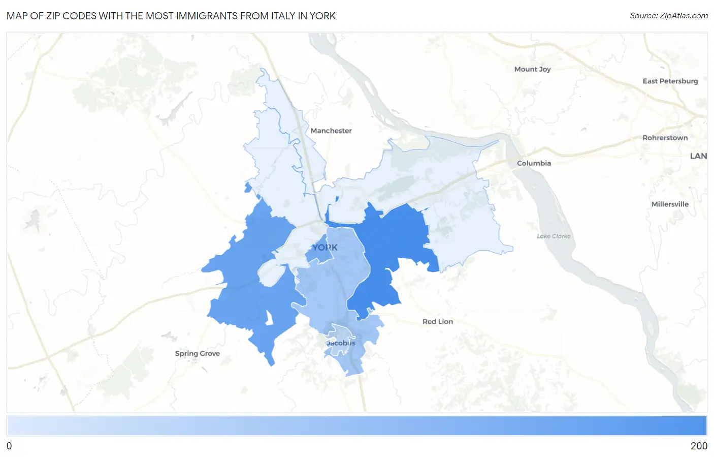Zip Codes with the Most Immigrants from Italy in York Map