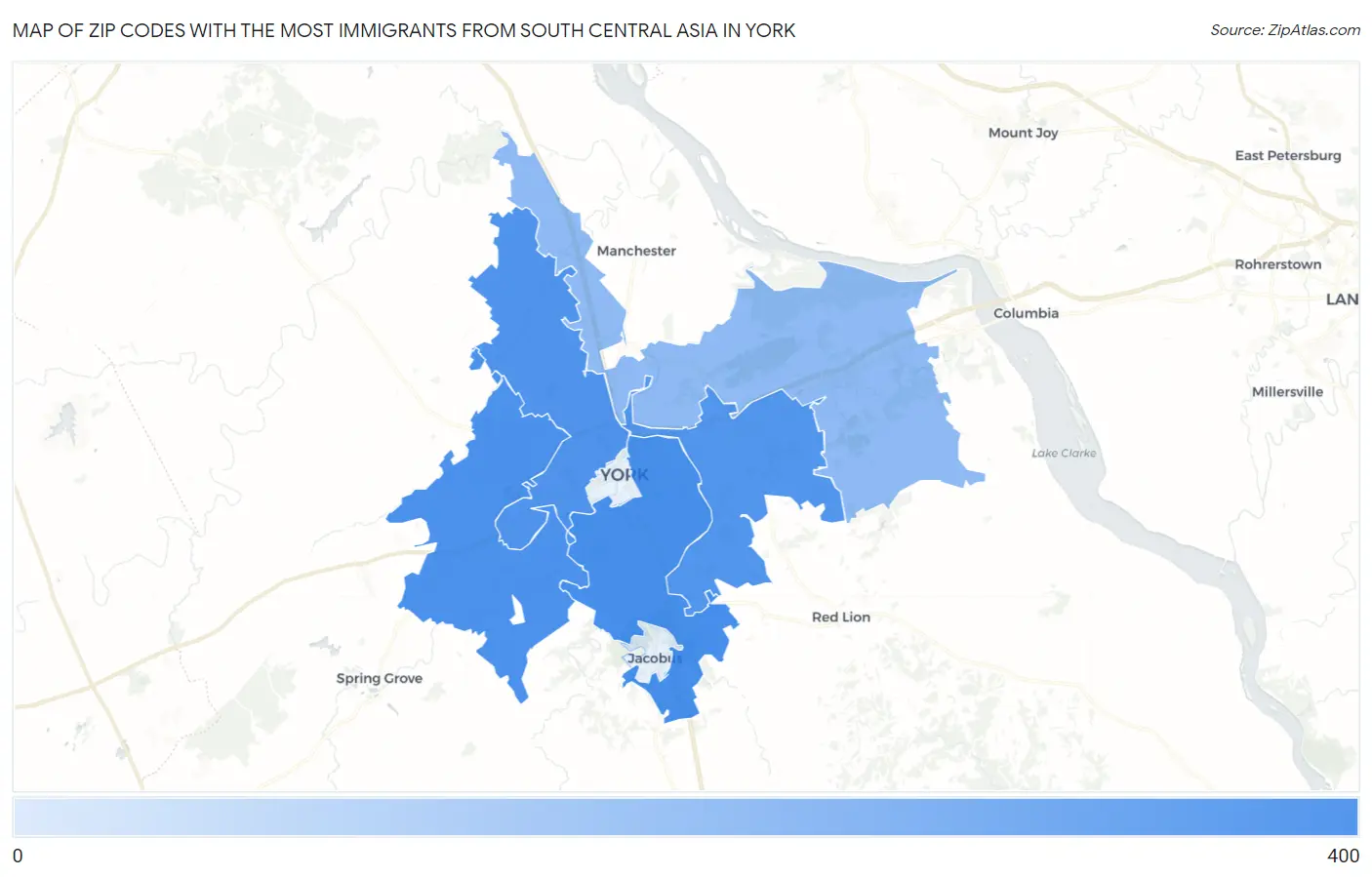 Zip Codes with the Most Immigrants from South Central Asia in York Map
