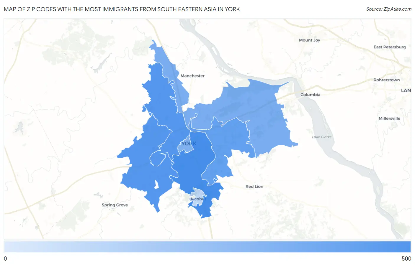 Zip Codes with the Most Immigrants from South Eastern Asia in York Map