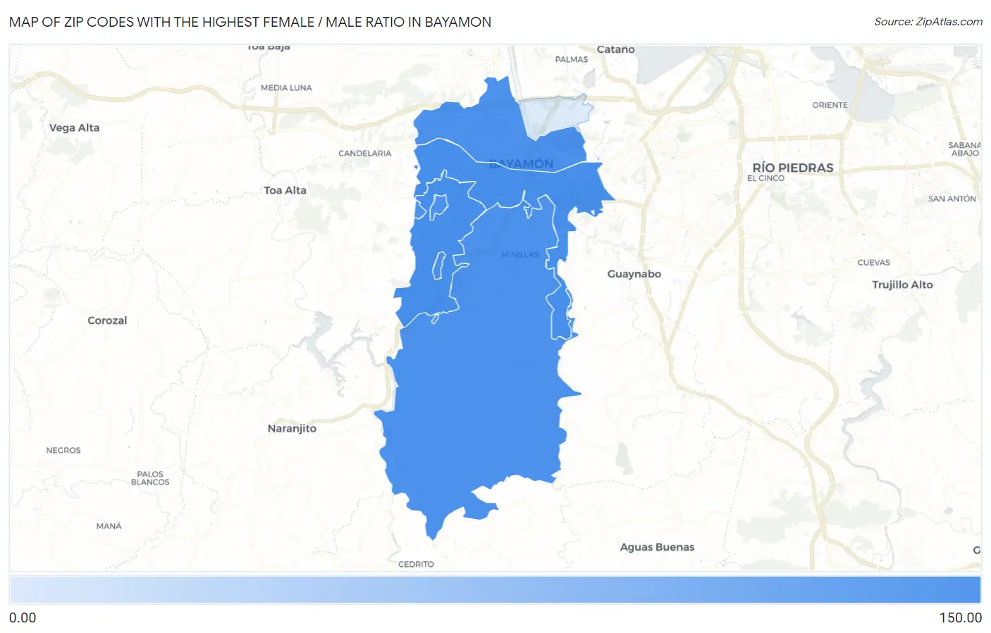 Zip Codes with the Highest Female / Male Ratio in Bayamon Map