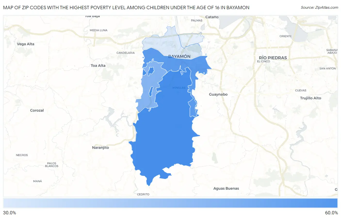 Zip Codes with the Highest Poverty Level Among Children Under the Age of 16 in Bayamon Map