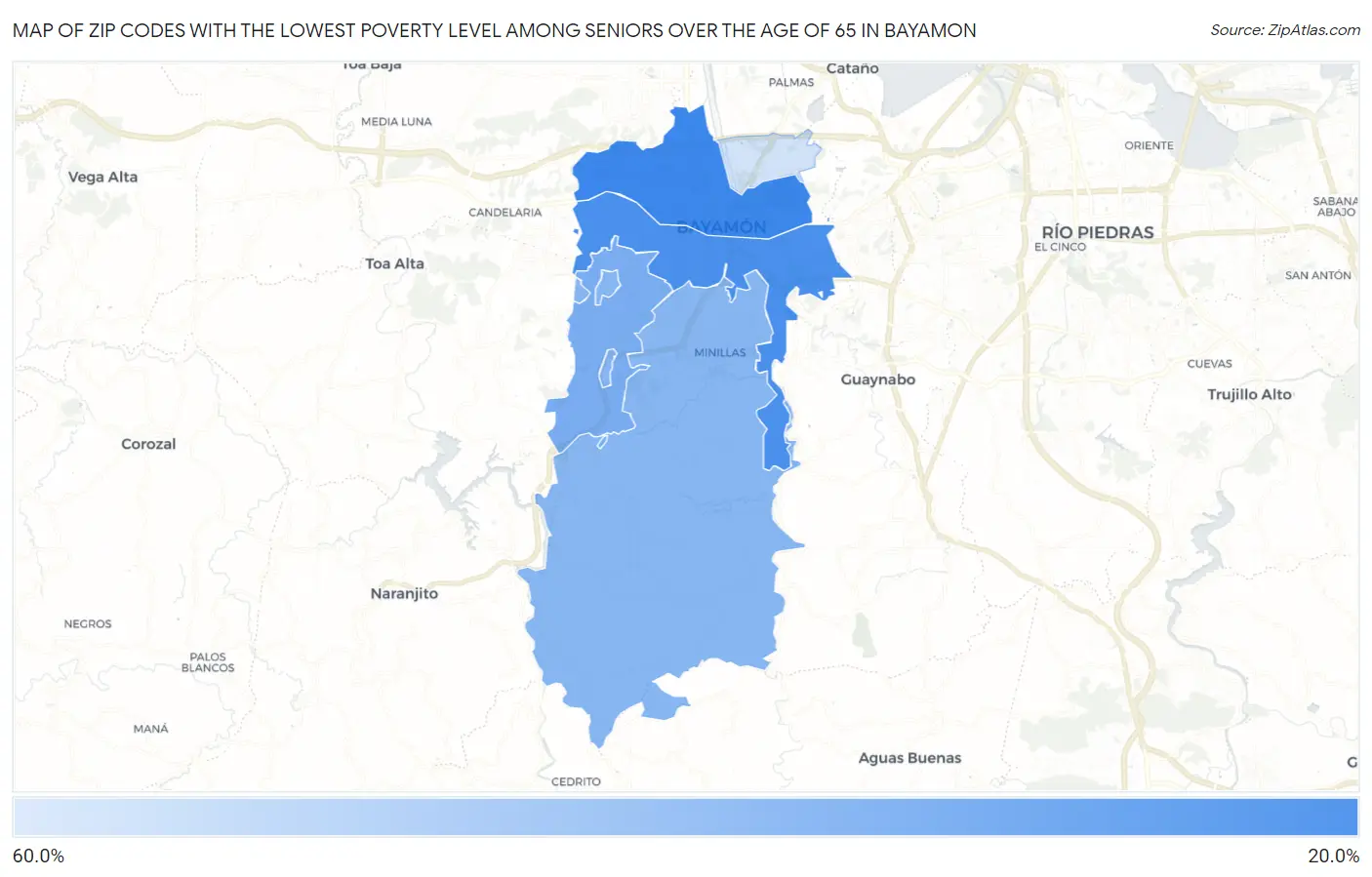 Zip Codes with the Lowest Poverty Level Among Seniors Over the Age of 65 in Bayamon Map