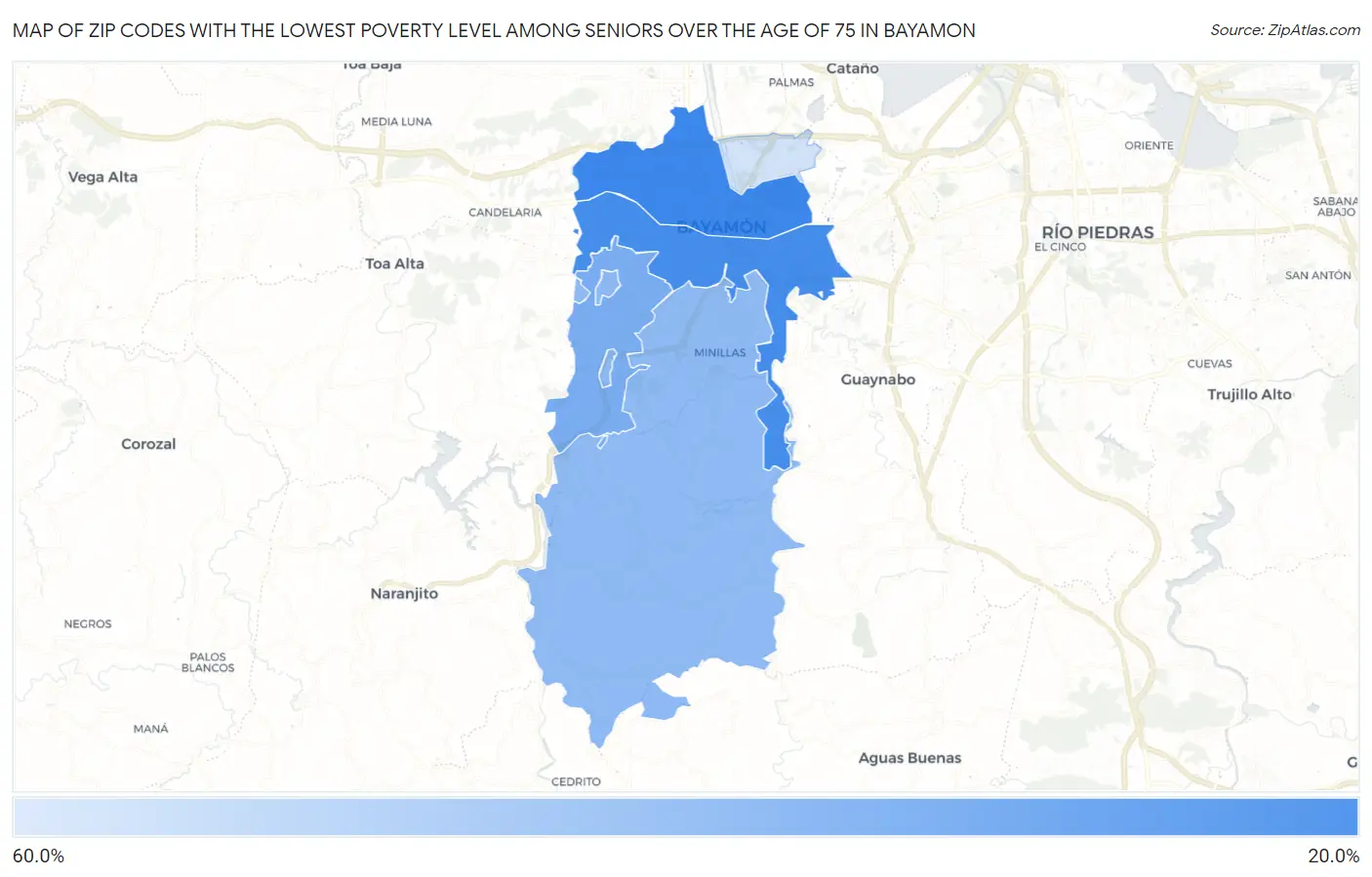 Zip Codes with the Lowest Poverty Level Among Seniors Over the Age of 75 in Bayamon Map
