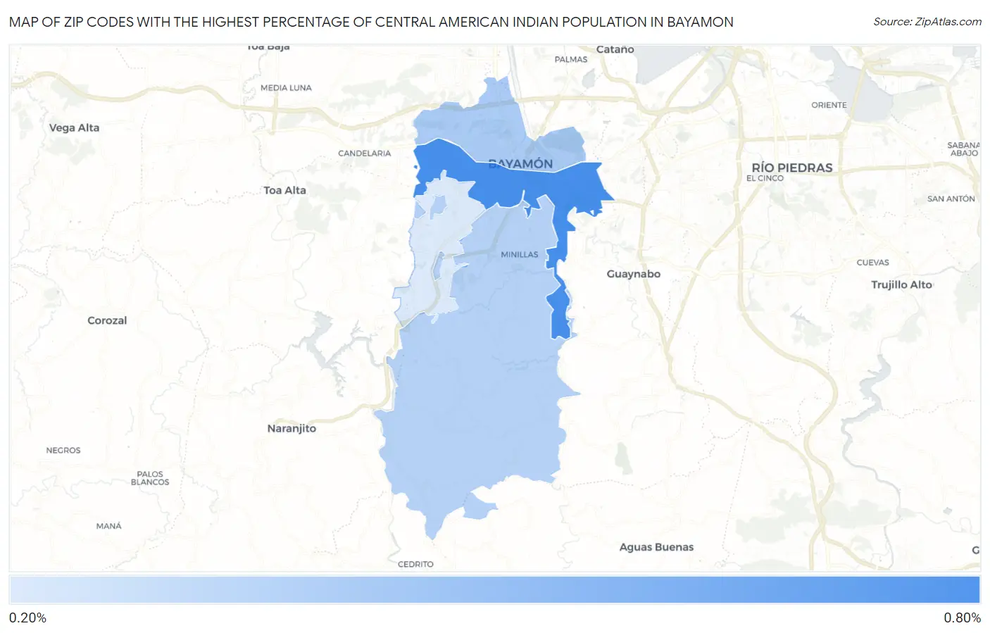 Zip Codes with the Highest Percentage of Central American Indian Population in Bayamon Map