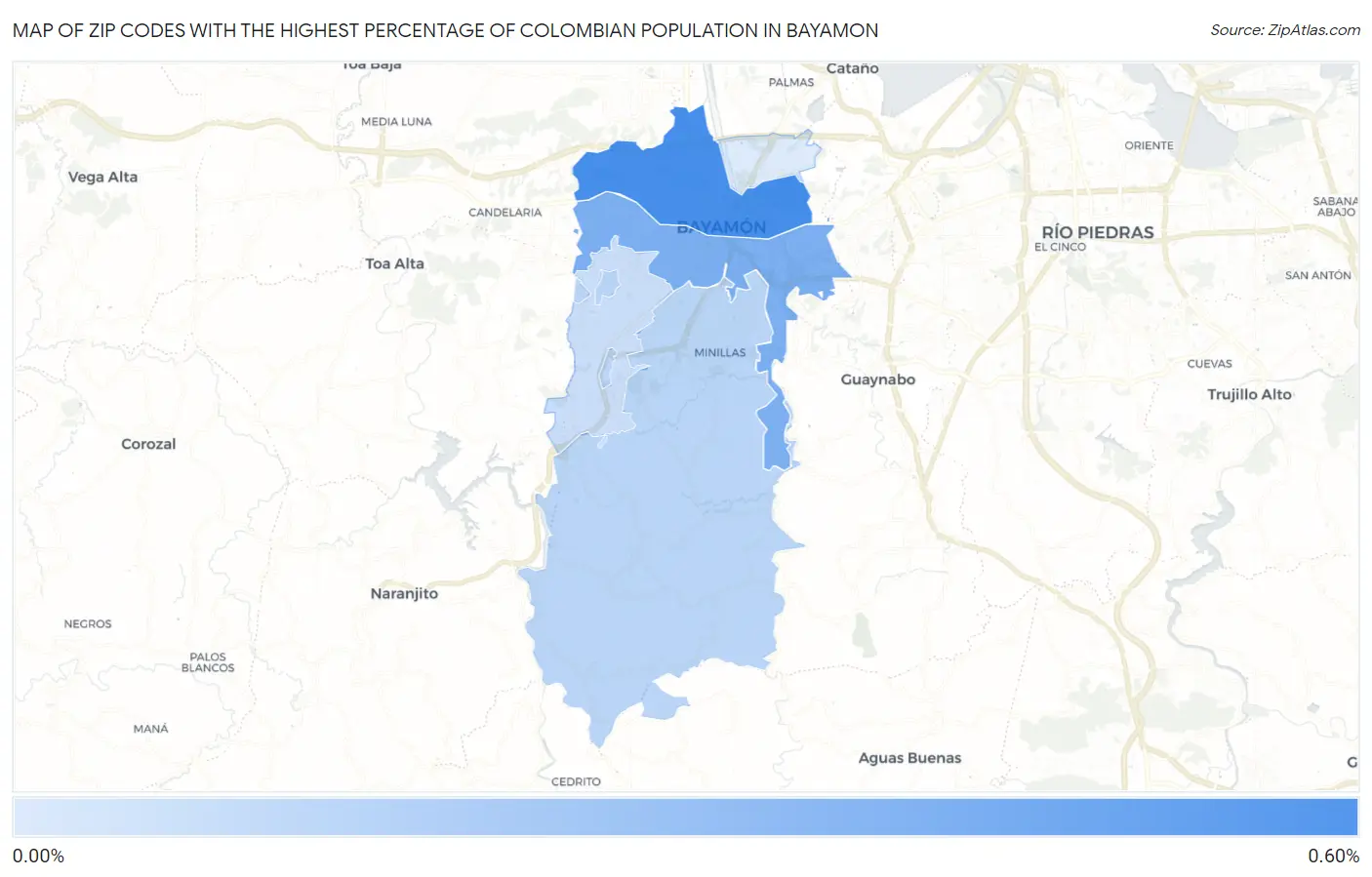 Zip Codes with the Highest Percentage of Colombian Population in Bayamon Map