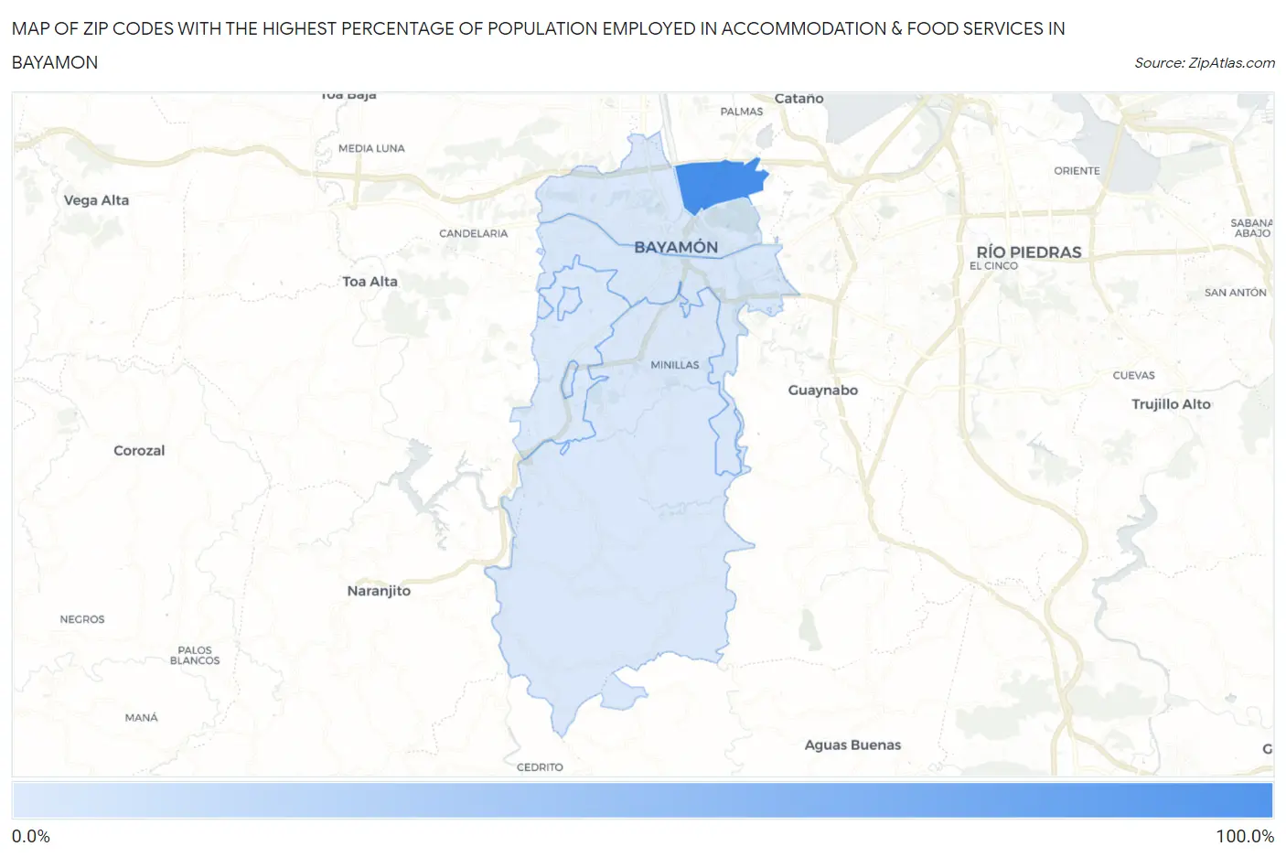 Zip Codes with the Highest Percentage of Population Employed in Accommodation & Food Services in Bayamon Map