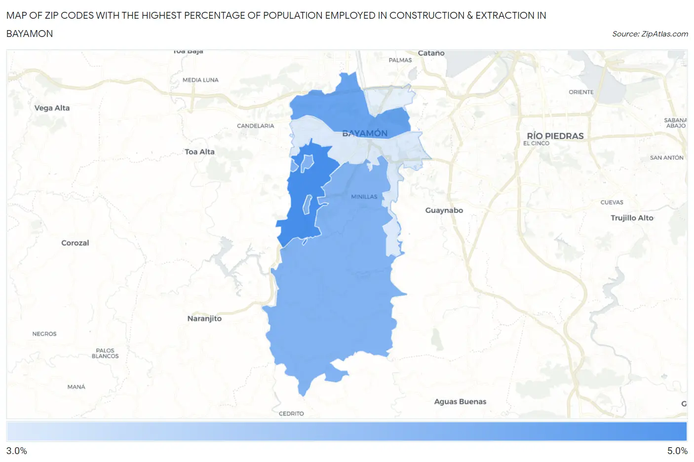 Zip Codes with the Highest Percentage of Population Employed in Construction & Extraction in Bayamon Map