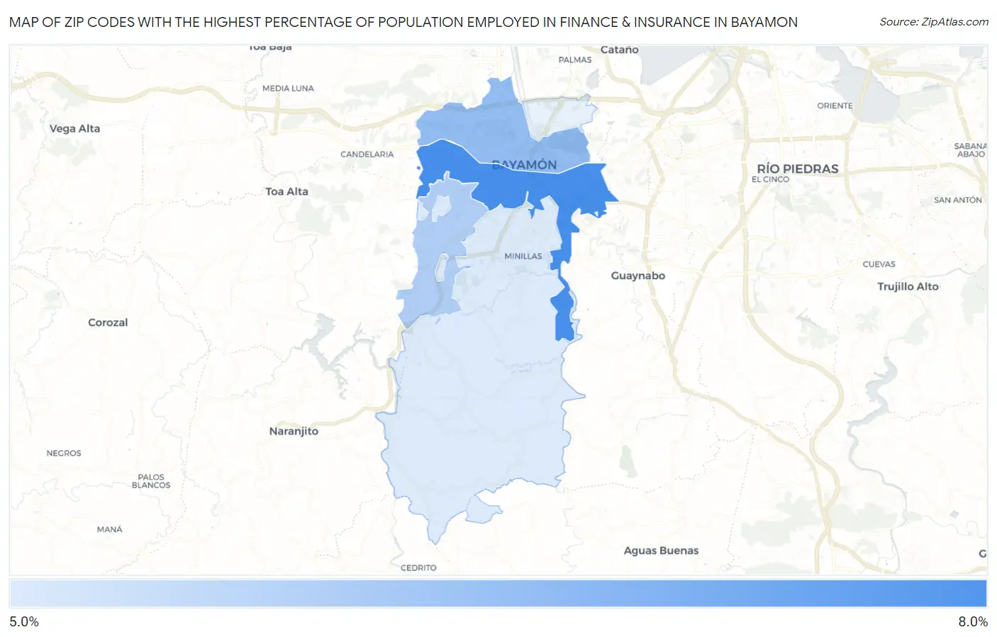 Zip Codes with the Highest Percentage of Population Employed in Finance & Insurance in Bayamon Map