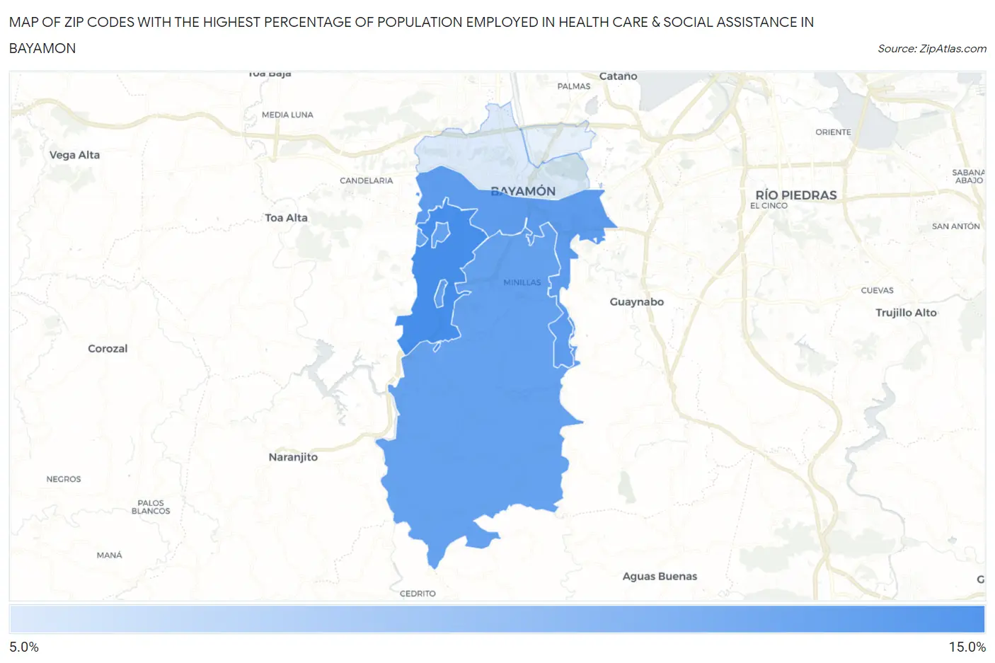 Zip Codes with the Highest Percentage of Population Employed in Health Care & Social Assistance in Bayamon Map
