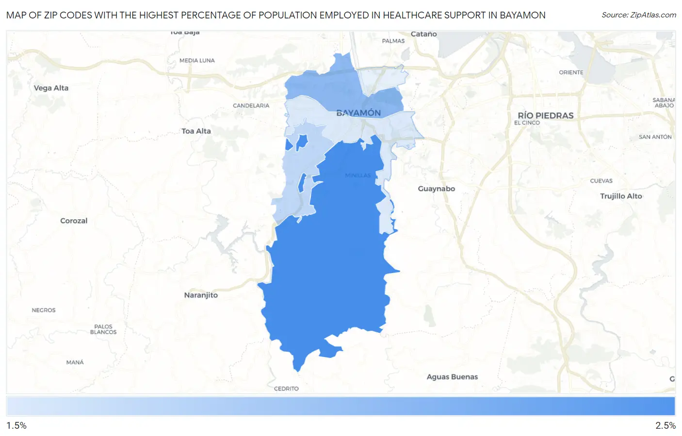 Zip Codes with the Highest Percentage of Population Employed in Healthcare Support in Bayamon Map