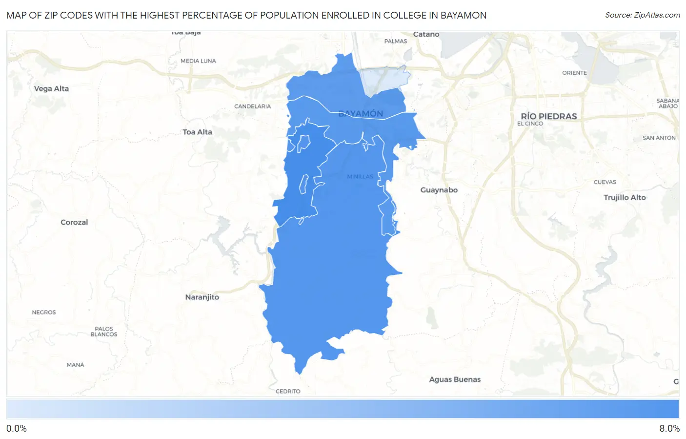 Zip Codes with the Highest Percentage of Population Enrolled in College in Bayamon Map