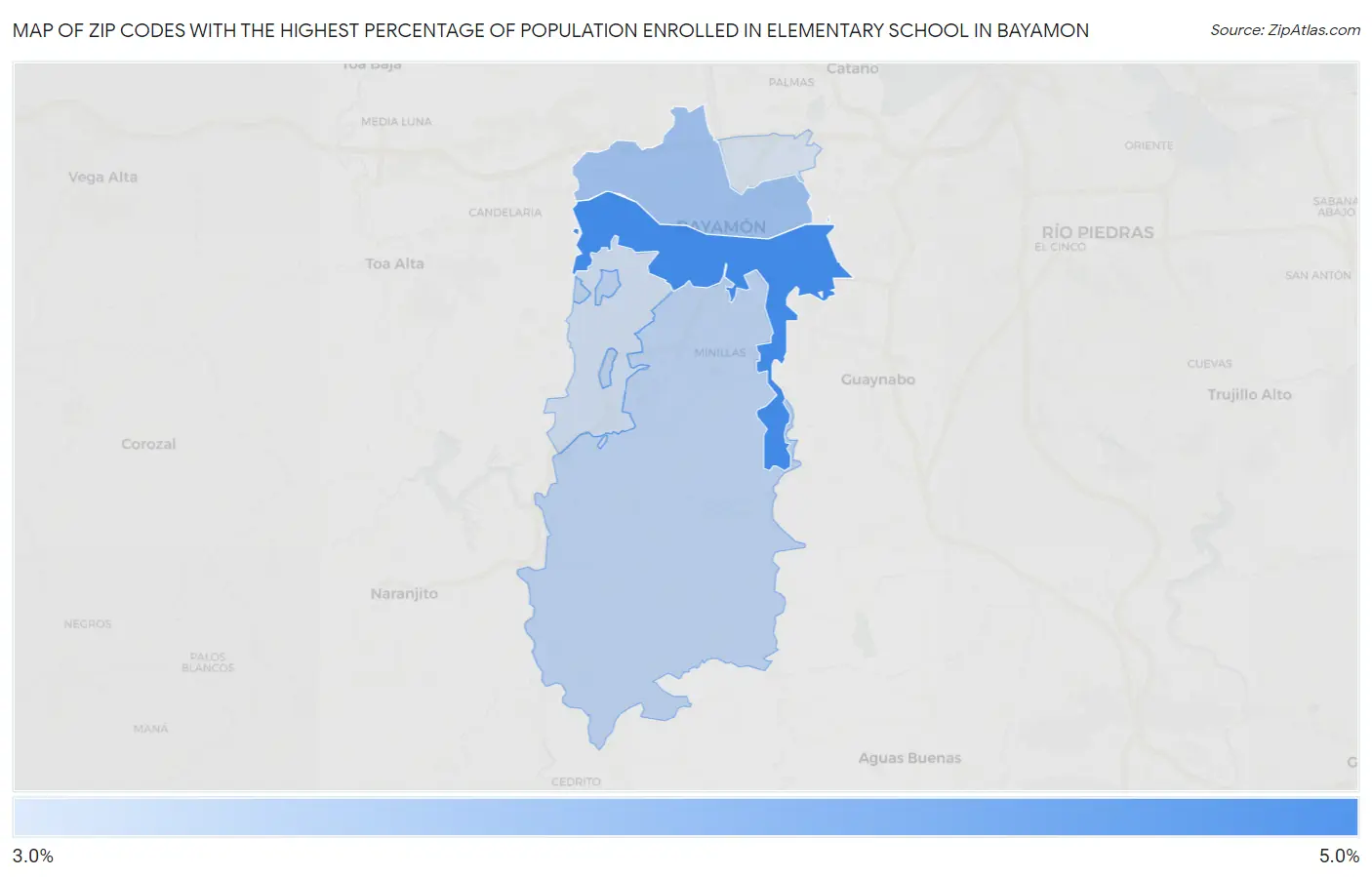 Zip Codes with the Highest Percentage of Population Enrolled in Elementary School in Bayamon Map