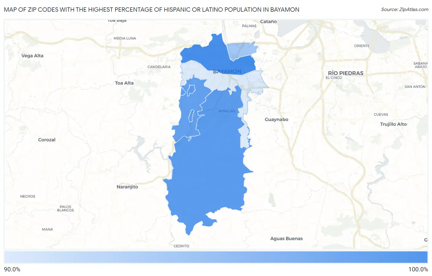 Zip Codes with the Highest Percentage of Hispanic or Latino Population in Bayamon Map