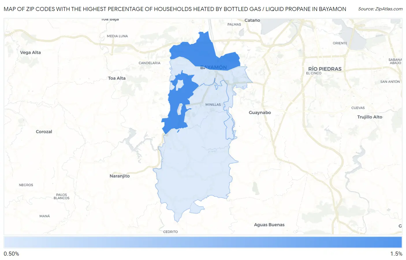 Zip Codes with the Highest Percentage of Households Heated by Bottled Gas / Liquid Propane in Bayamon Map